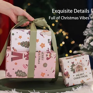 Christmas gift boxes set with festive patterns and green ribbons for holiday packaging
