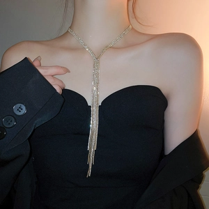 Detailed view of rhinestone tassel choker on model with elegant long Y-shaped layered chains