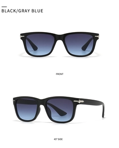 Front and side view of black round frame sunglasses with grey-blue gradient lenses