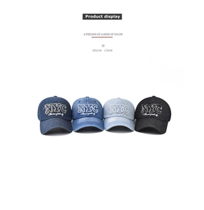 Detailed comparison of four washed denim baseball caps with NYC vintage embroidery