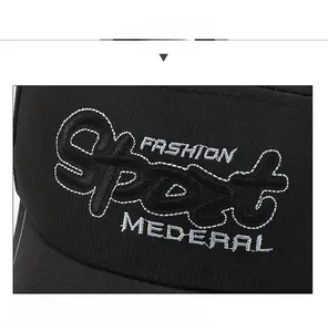 Detailed close-up of white 3D embroidery and polyester texture on a black baseball cap