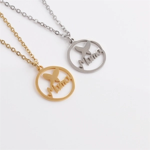 Stainless Steel Mama Butterfly Pendant Necklace For Women Hollow Round Polished Jewelry Gift For Mother