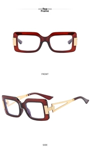 Detailed front and side views of tea-colored square frames with hollow metal temples