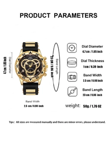Detailed product dimensions and specifications for the men's quartz sports watch
