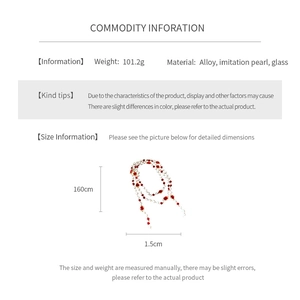 Detailed spec sheet showing a 160cm layered pearl necklace with weight and material data