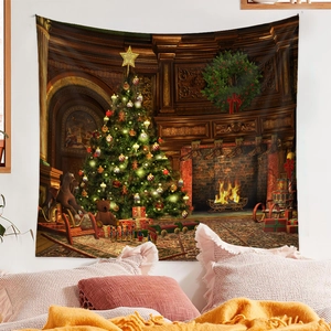 Detail view of Christmas tree tapestry showing vintage fireplace and festive holiday decor