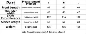 Detailed size chart for women's metallic print shirt showing S, M, and L measurements