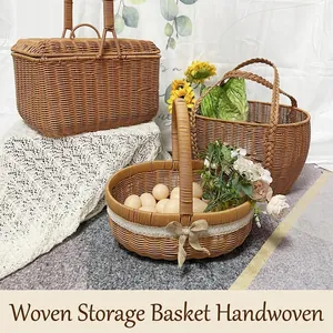Woven Storage Basket Imitation Rattan Picnic Basket With Handle Lid Portable Handheld Shopping Fruit Organizer For Outdoor