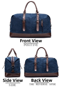 Three-view layout of blue canvas travel bag with leather accents and vintage metal buckles