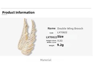 Detailed dimensions of wing brooch featuring gold plating and cubic zirconia inlay