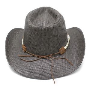 Detail of the woven paper straw texture and rustic braided band on this cowboy sun hat