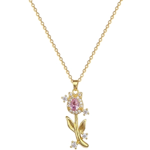 Elegant gold tulip necklace with a pink teardrop gemstone and clear zircon accents