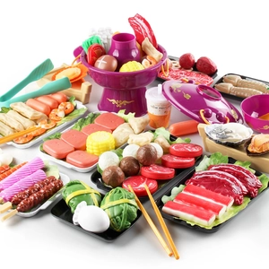 Kids toy hot pot and barbecue playset with realistic play food and purple cookware