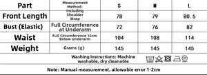Size chart for Bohemian strappy mini dress with detailed measurements in cm
