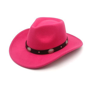 Rose red western cowboy felt hat with vintage silver buckle and dark leather band