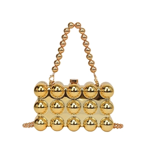 Luxury gold acrylic evening bag with sphere design and beaded shoulder chain