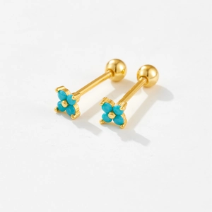 S925 silver four-leaf clover stud earrings with gold plating and blue turquoise stones