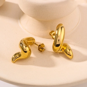 Polished golden stainless steel twisted art earrings in modern geometric serpent design