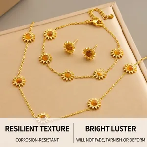 Detailed set of sunflower tiger eye stone necklace, bracelet and earrings in gold finish