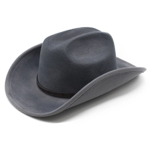Detail of grey western cowboy hat with embossed black leather band and curved felt brim