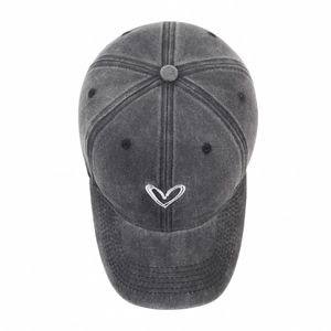 Washed charcoal gray cotton baseball cap with white embroidered heart detail