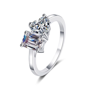 Elegant silver Toi et Moi ring featuring heart and emerald cut moissanite stones