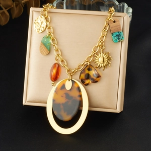 Stainless Steel Necklace With Resin Tortoise Shell Sun Wood Geometric Pendants Bohemian Retro Vintage For Women