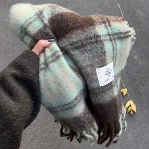 Thick checkered scarf with fringe in mint green and brown, Maillard style winter wrap