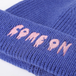 Navy ribbed knit beanie featuring pink Come On embroidery and double folded brim
