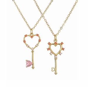 Heart Key Pendant Necklace Copper Gold Plated With Colorful Cubic Zirconia Inlay Romantic Fashion Jewelry