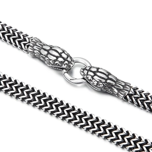 Collier chaîne en os de serpent vintage en acier inoxydable avec boucle double tête de serpent
