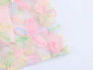 Close-up of pink mesh fabric featuring delicate 3D pastel flowers and sequin details