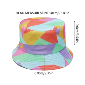 Detailed dimension chart for rainbow geometric bucket hat with 58cm head circumference size