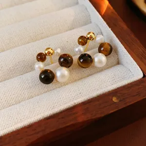 Retro French Round Faux Artificial Pearl Tiger Eye Stone Stud Earrings With 925 Sterling Silver Earring Post Gold Plated For Women