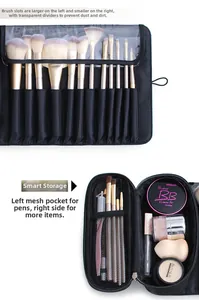 Detail of 12-20 holes makeup brush bag with PVC dust cover and mesh storage pockets
