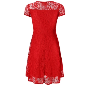 Detailed back view of red lace dress showing intricate floral patterns and short sleeves