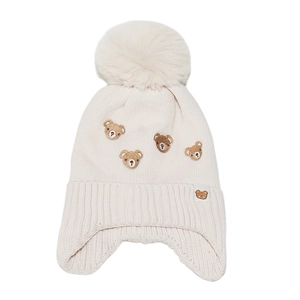 Bonnet en tricot crème pour bébé avec broderie ours et pompon en fausse fourrure douce