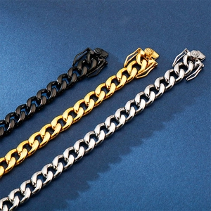Polished stainless steel Cuban link chains in black, gold, and silver finishes with box clasp
