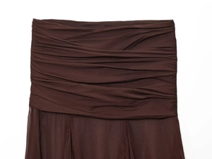 Close-up detail of dark brown sheer chiffon pleated waist design for spring skirt