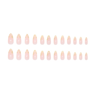Lot de 24 faux ongles amande à fleurs jaunes avec base rose et détails dorés brillants