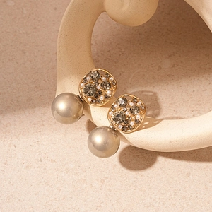 Vintage gold geometric earrings with grey faux pearls and sparkling rhinestones for women