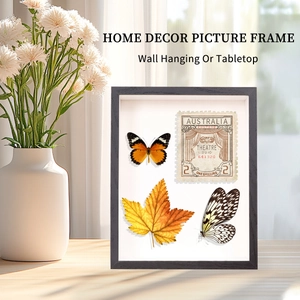 Detail of shadow box display with butterflies, maple leaf, and vintage postage stamp