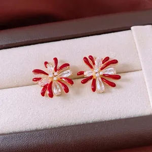 Floral Stud Earrings With Silver Earring Post 18K Gold Plated Copper Zircon Red Enamel Fashion Elegant Jewelry For Women