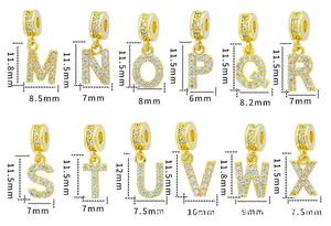 Size chart showing height and width measurements for zircon initial letter charms