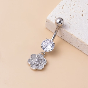 Silver stainless steel belly ring with flower pendant and clear cubic zirconia stones