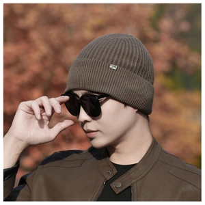 Detail of a dark brown ribbed knit beanie with a metal logo tag on an autumn backdrop