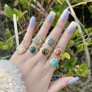 Vintage Stainless Steel Natural Stone Ring Adjustable Open Band Bohemian Ethnic Jewelry For Women