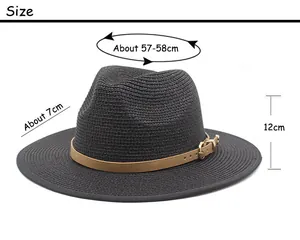 Detailed size chart showing brim, height and circumference for black fedora straw hat