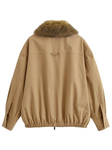 Back view of khaki jacket featuring brown faux fur collar and pleated back design