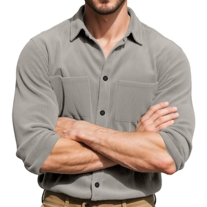 Men's gray corduroy button-down shirt with chest pockets and textured vertical stripes